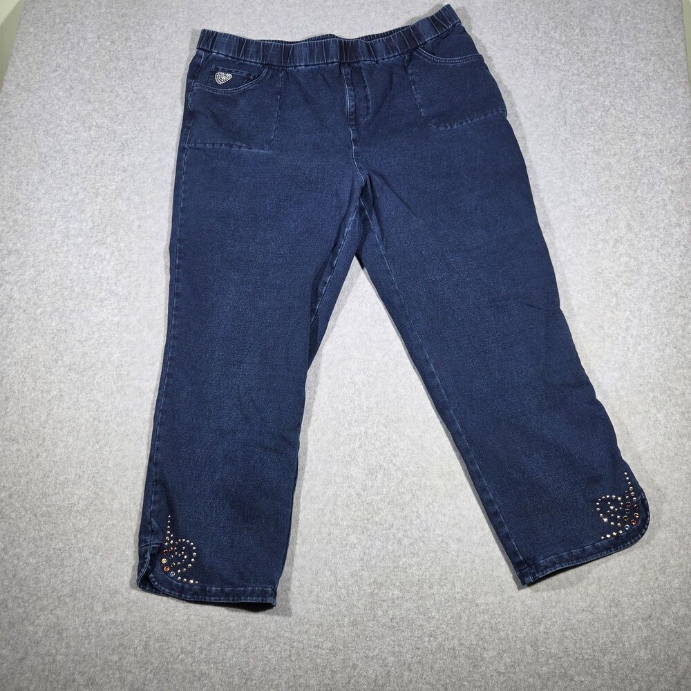 Quacker Factory DreamJeannes Womens 1X Capri Pants Rhinestone Dark Indigo Crop